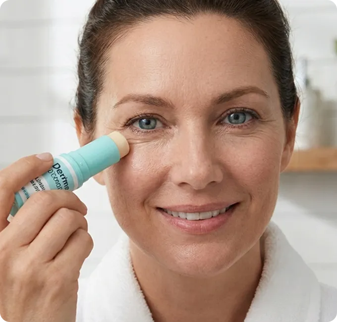 Woman applying a skincare stick to the under-eye and cheek area